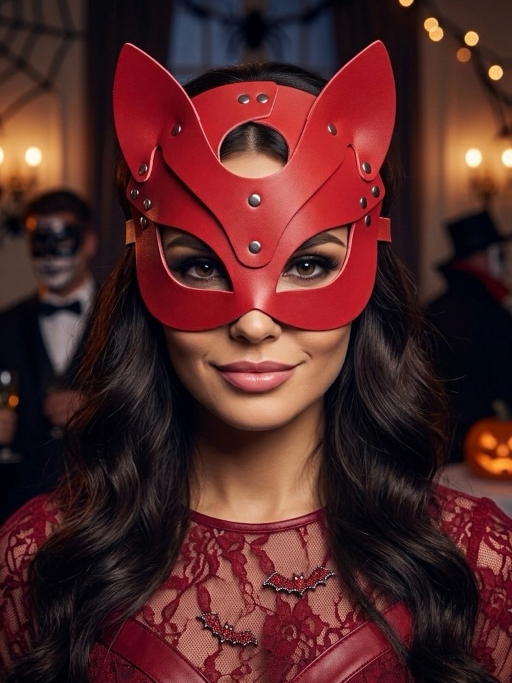 Red Faux Leather Cat Ear Masquerade Mask | Studded Half-Face Cosplay Mask